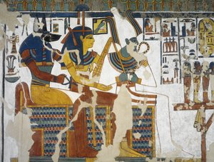 Egypt, Thebes, Luxor, Valley of the Queens, Tomb of Nefertari, mural painting of Anubis, Isis and Osiris in Burial chamber from 19th dynasty بواسطة الأسرة المصرية التاسعة عشرة
