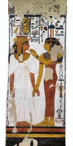 Egypt, Thebes, Luxor, Valley of the Queens, Tomb of Nefertari, mural painting of goddess Isis and queen on pillar in Burial chamber from 19th dynasty