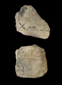 أوستراسا من الحجر الجيري مع رسومات فكاهية بالحبر الأحمر والأسود (الحجر الجيري المطلي بالحبر الأسود والأحمر)