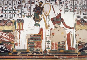 أوزوريس وأتوم ، لوحة جدارية ، الجدار الشرقي ، الغرفة الجانبية الشرقية ، مقبرة نفرتاري (QV66) ، وادي الملكات ، طيبة (قائمة اليونسكو للتراث العالمي بواسطة الأسرة المصرية التاسعة عشرة