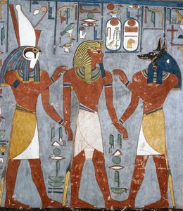 رعمسيس الأول بين حورس وأنوبيس ، لوحة جدارية ، غرفة الدفن ، قبر رمسيس الأول (KV16) ، وادي الملوك ، طيبة (قائمة اليونسكو للتراث العالمي