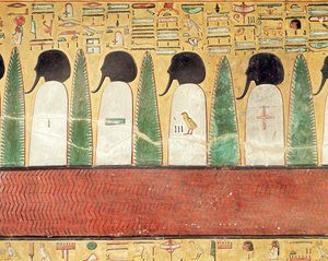 نقش يصور آلهة ذات رأس أسود في العالم السفلي ، من مقبرة سيتي الأول (حكم 1294-1279 قبل الميلاد) المملكة الجديدة (الحجر الجيري المطلي) بواسطة الأسرة المصرية التاسعة عشرة