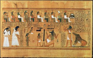 وزن القلب ضد ريشة الحقيقة ، من كتاب قتلى الكاتب أي ، c.1250 قبل الميلاد (ورق البردي الملون)