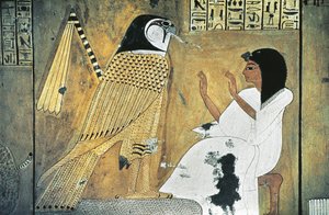 لوحة جدارية لمشهد من كتاب الموتى، تحول إلى الصقر الذهبي بواسطة الأسرة المصرية العشرون