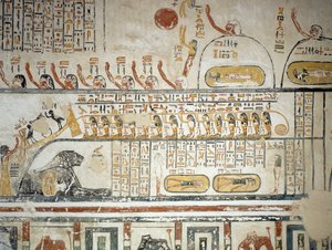 موكب بعد الملاحة السماوية لإله الشمس رع ، كتاب الأرض ، تفاصيل من اللوحات الجدارية لغرفة دفن مقبرة رمسيس السادس ، وادي الملوك ، الأقصر ، طيبة (قائمة اليونسكو للتراث العالمي بواسطة الأسرة المصرية العشرون