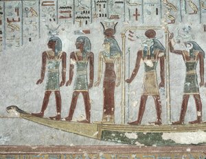 نقش يصور خنوم في بارك جنائزي يمر عبر العالم السفلي ، من مقبرة رمسيس الثالث (c.1184-1153 قبل الميلاد) المملكة الجديدة (الحجر الجيري المطلي) بواسطة الأسرة المصرية العشرون