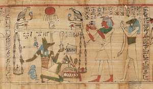 تفاصيل من كتاب موت الكاهن أها مير الذي يصور أنوبيس يزن قلب المتوفى مقابل ريشة الحقيقة (ورق البردي)