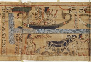 تفاصيل من كتاب القتلى للكاهن مير يصور باركا ومشهد زراعي ، الفترة المتوسطة الثالثة (ورق البردي)