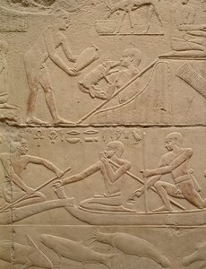نقش يصور رجلاً يرعى خنزير صغيرًا حديثًا ورجالًا في قوارب البردي ، من مصطبة كاغيمني ، المملكة القديمة (الحجر الجيري المطلي)