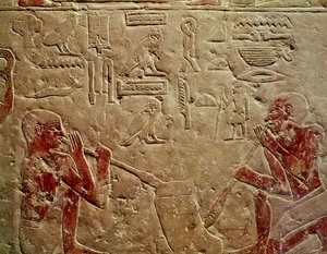 نقوش بارزة مصورة للزجاج ، من مصطبة كايمريو ، سقارة ، المملكة القديمة ، c2325 قبل الميلاد (الحجر الجيري المطلي) بواسطة الأسرة المصرية السادسة