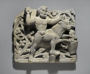 هرقل يبتسم Acheloos على شكل ثور ، من Oxyrhynchus ، c.300-500 (الحجر الجيري) بواسطة المدرسة المصرية