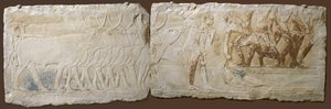 إغاثة الفلاحين الذين يقودون الماشية وصيد الأسماك ، المملكة القديمة ، 2450-2290 قبل الميلاد (الحجر الجيري المطلي) بواسطة المدرسة المصرية