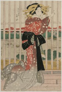 المحظية Meizan من Chojiya على شرفة تطل على نهر Sumida ، في منتصف أو حوالي 1820s. بواسطة Kikugawa Eizan