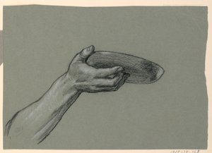 رسم، تفاصيل الساعد واليد التي تحمل جسمًا دائريًا، حوالي 1885 بواسطة اليهو فيدر