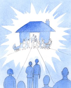 الزواج المسيحي، الذي يُعاش كما ينبغي أن يُعاش، هو مثل مصباح موضوع على تلة، للمجتمع؛ اتحاد أسراري مليء بالنعمة، 2005 (لوحة مائية على ورق) بواسطة إليزابيث وانج