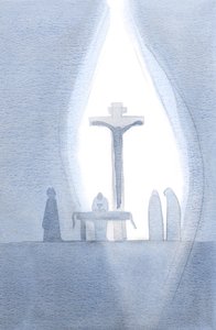 في كل قداس نصير حاضرين لذبيحة الجلجلة الواحدة ، وكأن الستار ينفصل في حضورنا ، 2001 (ث - ج على الورق) بواسطة إليزابيث وانج