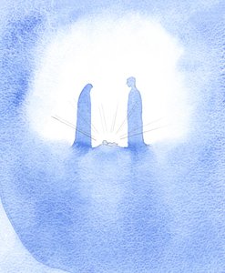 على مرأى من الطفل المعجز (الذي وقفت والدته أمامه في قدسية عذراء) ، كوفئ القديس يوسف بقوة على إيمانه. ، 2001 (w - c على الورق) بواسطة إليزابيث وانج