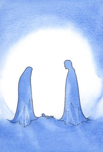 على مرأى من الطفل المعجز (الذي وقفت والدته أمامه في قدسية عذراء) ، كوفئ القديس يوسف بقوة على إيمانه. ، 2001 (w - c على الورق) بواسطة إليزابيث وانج