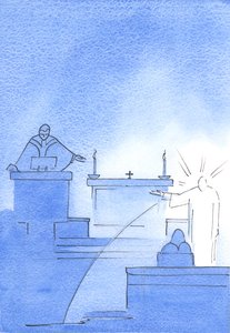 ظهر السيد المسيح أمامي ، ذراعه مرفوعة للإشارة إلى المنبر حيث قال لي ، الحقيقة تتحدث عن الله والإنسان ، 2003 (w - c على الورق) بواسطة إليزابيث وانج