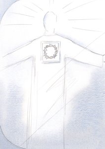 يظهر المسيح رئيس الكهنة في جلالة ، رداءه الذي يحمل صورة تاج الشوك ، 2001 (w - c على الورق) بواسطة إليزابيث وانج