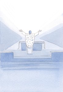 رأيت المسيح بعد التكريس. وقف أمام المذبح ، مرفوع اليدين ، يصلي صلواته الكهنوتية (صلاتنا أيضًا) للآب أعلاه. ، 2001 (w - c على الورق) بواسطة إليزابيث وانج