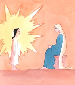 إذا أردنا أن نقترب من المسيح في العبادة لنظهر له المحبة التي أظهرتها له أمه مريم على الأرض، فما علينا إلا أن نظهر له سرورنا بحضوره الحقيقي، 2005 (لوحة مائية على ورق) بواسطة إليزابيث وانج