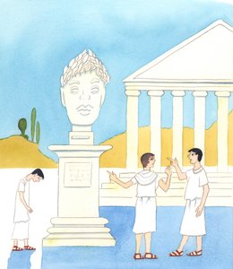 في الكنيسة الأولى في روما، لم يكن المسيحيون المؤمنون في روما يقدمون البخور للإمبراطور الذي كان يُنظر إليه على نطاق واسع على أنه إله، 2005 (لوحة مائية على ورق) بواسطة إليزابيث وانج