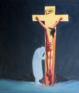 بالتواضع يمكننا أن نتعلم أن نختبئ بجروحنا بجانب يسوع المصلوب ، 2000 (زيت على ظهر السفينة) بواسطة إليزابيث وانج