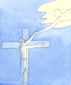 في الجلجلة ، صنع المسيح جسراً يصل من خلاله كل من يأتي إليه إلى الجنة. وفي القداس نجد الجلجثة ، 2002 (w - c على الورق) بواسطة إليزابيث وانج