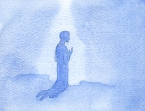 جاثًا على ركبتيه على منحدر تل في الجليل ، مدح الله وشكره على أمه القديسة وعلى محبتها وصلواتها ، 2001 (w - c على الورق) بواسطة إليزابيث وانج