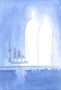 السيدة المباركة حاضرة معنا في احتفالنا بعيد الفصح. مع كل السماء ، تستمع إلى التسبيح المقدم لابنها الإلهي ، 2001 (w - c على الورق) بواسطة إليزابيث وانج