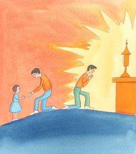 إظهار المحبة للمسيح عندما نظهر المحبة لـ"صغار" المسيح فإننا نظهر المحبة للمسيح؛ لكن المسيح يريدنا أن نعرف أن هذه الخدمة لا ينبغي أن تكون بديلاً عن إظهار المحبة له مباشرة، في القربان المقدس، 2005 (لوحة مائية على ورق) بواسطة إليزابيث وانج