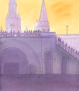 طلب مني الرب أن أنظر إلى جميع الناس الذين كانوا يقفون بجانب الدرابزين في لورد، يشاهدون موكب المسبحة، 2005 (لوحة مائية على ورق) بواسطة إليزابيث وانج