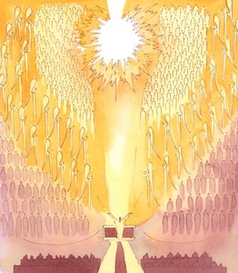 يريدنا الرب أن نعرف جميعاً أننا عندما نصلي من خلال المسيح ومعه في ذبيحة القداس المقدسة، فإننا نصلي للآب بالروح وسط القديسين والملائكة والأرواح المقدسة، 2005 (لوحة مائية على ورق) بواسطة إليزابيث وانج