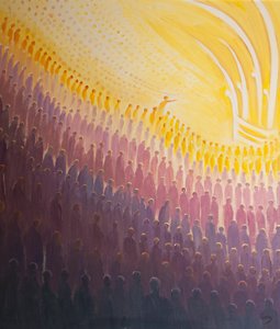من خلال صلواتنا ، تتلقى أرواح المطهر المقدسة العزاء والمساعدة ، وتقترب أكثر من السماء ، 2000 (زيت على اللوح) بواسطة إليزابيث وانج