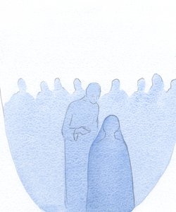 عندما تم العثور على الطفل يسوع في الهيكل ، انحنى إلى الأمام ، موضحًا لأمه القديسة بهدوء (بلطف غير محدود) أن عمله قد بدأ بالفعل. ، 2001 (w - c على الورق) بواسطة إليزابيث وانج