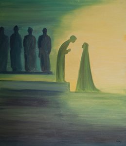 عندما تم العثور على الطفل يسوع في الهيكل ، انحنى إلى الأمام ، موضحًا لأمه القديسة بهدوء (بلطف غير محدود) أن عمله قد بدأ بالفعل. ، 2001 (زيت على اللوح) بواسطة إليزابيث وانج
