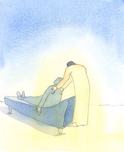 عندما نمرض ، ويأتي المسيح إلينا في المناولة المقدسة ، يبدو الأمر كما لو أنه يصر على مساعدتنا على الاستلقاء على الأريكة ، 2003 (w - c على الورق) بواسطة إليزابيث وانج