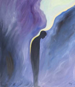 عندما نطلب من السيدة العذراء أن تصلي من أجل أرواح المطهر ، فإنها تفعل ذلك ، وتنسكب عليهم نعمة الله المطهرة مثل بلسم مهدئ ، 2001 (زيت على اللوح) بواسطة إليزابيث وانج