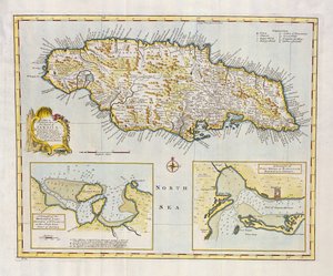 خريطة جزيرة جامايكا ، مقسمة إلى أبرشياتها الرئيسية حوالي عام 1760 (نقش ملون يدويًا) بواسطة إيمانويل بوين