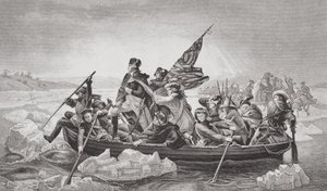 واشنطن تعبر ديلاوير بالقرب من ترينتون ، نيو جيرسي ، عيد الميلاد 1776 ، من `` الرسوم التوضيحية الإنجليزية والتاريخ الاسكتلندي &39;&39; المجلد الثاني بواسطة إيمانويل جوتليب لوتز
