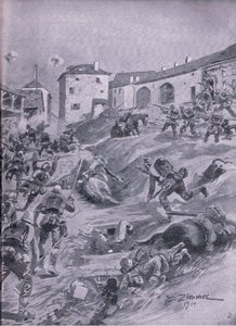 The Aschaffenberg 2nd Bavarian Hunter Battallion at Lagarde August 1914 ، من حانة التاريخ المصور للحرب العالمية 1914-1915. بواسطة Union Berlagsefellfchaft بواسطة اميل (بعد) ليمر