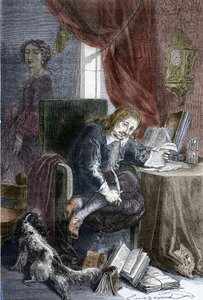 صورة للكاتب الفرنسي بول سكارون (1610-1660) مؤلف أفلام كوميدية هزلية ، يتم تمثيله على كرسي غير صالح ، زوجته فرانسواز ديوبيني (التي أصبحت ماركيز دي مينتينون) (1635-1719) تقف في الظل خلفه نقش - بورتريه بواسطة إميل أنطوان (بعد) بايارد