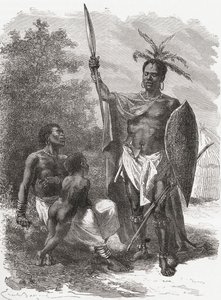 مواطن من Ougogo ، وسط أفريقيا ، في لباس حرب ، صورة توضيحية من "العالم في اليدين" ، نُشر عام 1878 بواسطة إميل أنطوان بايارد