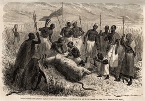 ساحر يشارك في عمليات سحرية على لحم بقري مذبوح في أوغندا ، رسمه إميل بايارد (1837-1891) ، يوضح رحلة الكابتن سبيك الاستكشافية في إفريقيا من 1860 إلى 1863. نقش في "" Le tour du monde "، تحرير إدوارد شارتون بواسطة إميل أنطوان بايارد