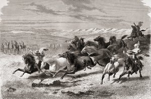 Gauchos الأرجنتيني يجمع الخيول البرية ، التوضيح من "العالم في اليدين" ، نقشها تشارلز لابلانت (ت 1903) ، نشر عام 1878 بواسطة إميل أنطوان بايارد