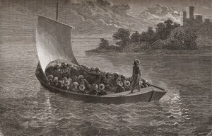 أرمينيو فامبيري ورفاقه في الإبحار في بحر قزوين في عام 1863 ، رسم توضيحي من "العالم في الأيادي" ، منقوش بواسطة Gauchard ، نشر عام 1878 بواسطة إميل أنطوان بايارد