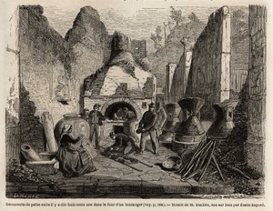 اكتشفه فرن مخبز وخبز محفوظ في الرماد أثناء أعمال التنقيب عام 1864 في بومبي ، رسمه إميل بايارد (1837-1891) ، لتوضيح نص مارك مونييه (1829-1885) "" بومبي وبومبيان "". نقش في "" Le tour du monde "" ، تم تحريره بواسطة بواسطة إميل أنطوان بايارد