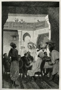 غداء على وزير الحرب ، بغطاء رأس عمامة ، في مواجهة كاتب القصة ، وصولاً إلى المحكمة ، صف من الخدم يحملون أطباق الوجبة ، نقش إيميل بايارد ، لتوضيح قصة المغرب لإدموندو دي أميسيس ، في عام 1875 ، سنة النشر بواسطة إميل أنطوان بايارد