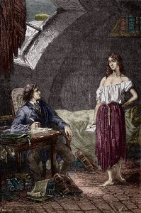 ماريوس وإيبونين ، الابنة الكبرى لآل ثيناردييه وفي حب ماريوس رسم توضيحي لرواية "البؤساء" بقلم فيكتور هوغو (1802-1885) رسم إيميل بايارد - (إبونين ثيناردييه (فتاة جوندريت) وماريوس) نقش مجموعة خاصة